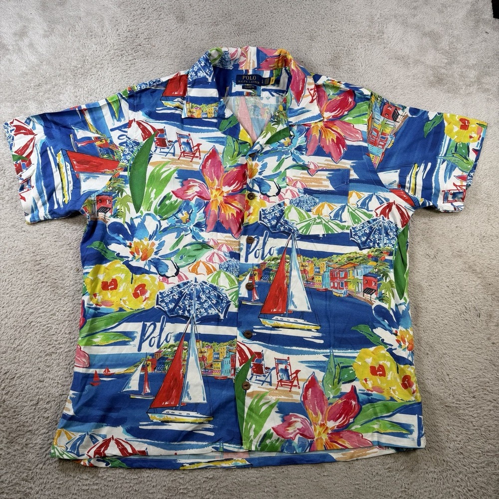 Polo Ralph Lauren Shirt Mens Large Camp Loop Collar Boat Beach Hawaiian Floral